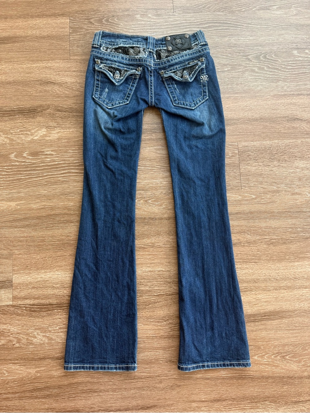 Dark Blue Women's Bootcut Jeans with Embellished Back Pockets